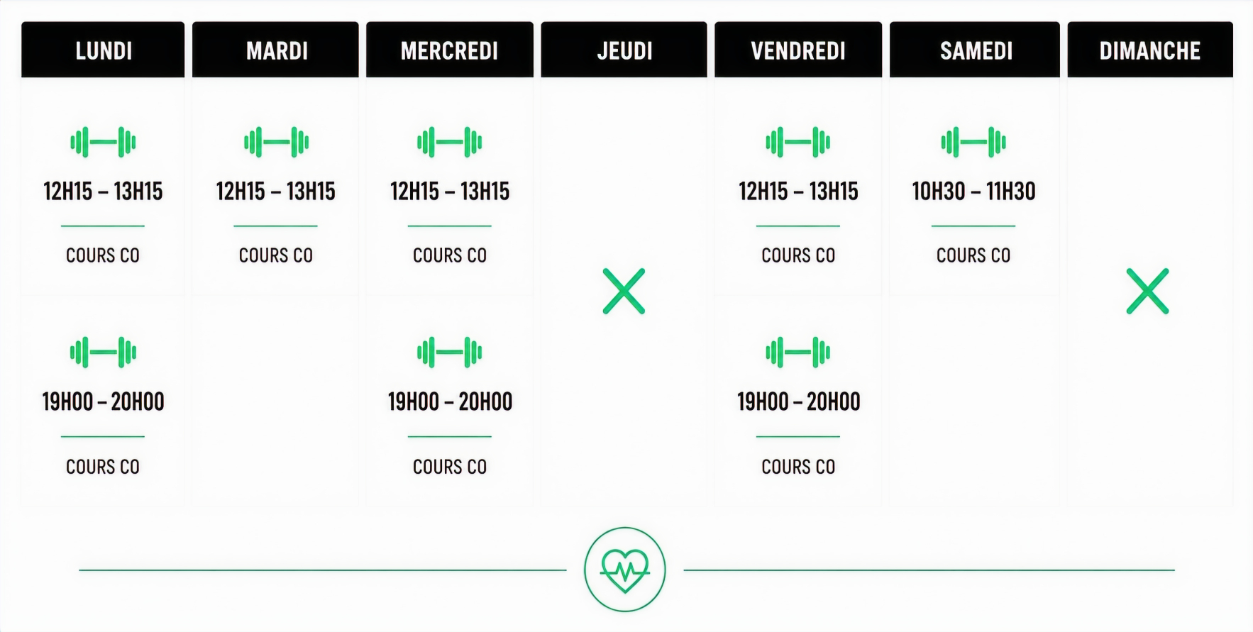 Planning des cours collectifs : lundi, mardi, mercredi, vendredi 12h15-13h15, lundi, mercredi, vendredi 19h00-20h00, samedi 10h30-11h30